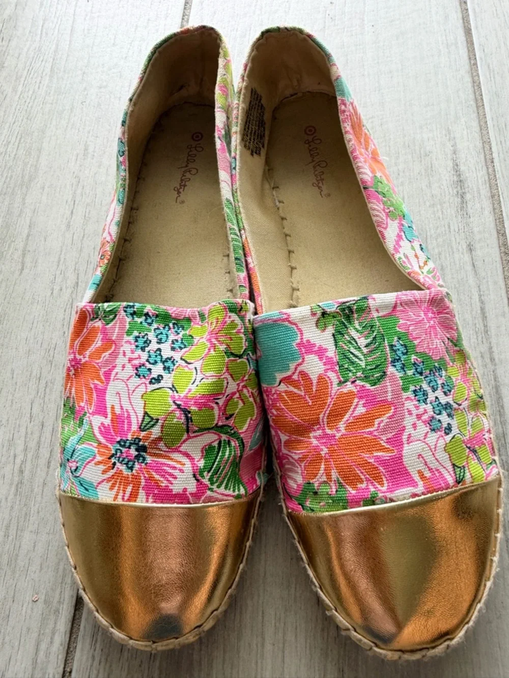Lilly Pulitzer Floral Metallic Cap Toe Slip-On Flats Pink Gold Women’s Size 11 - Picture 2 of 4